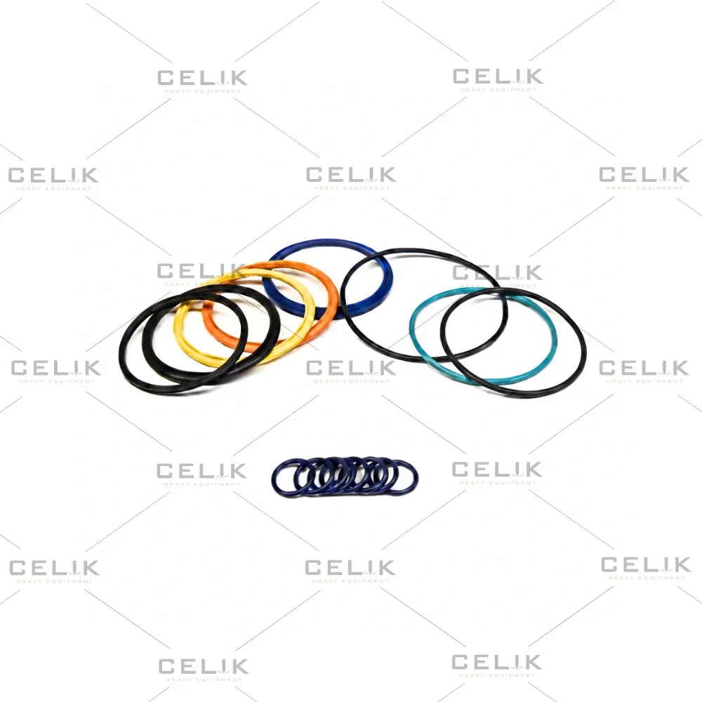 Hydraulic breaker SB 52 seal kit with assorted colored O-rings on white background